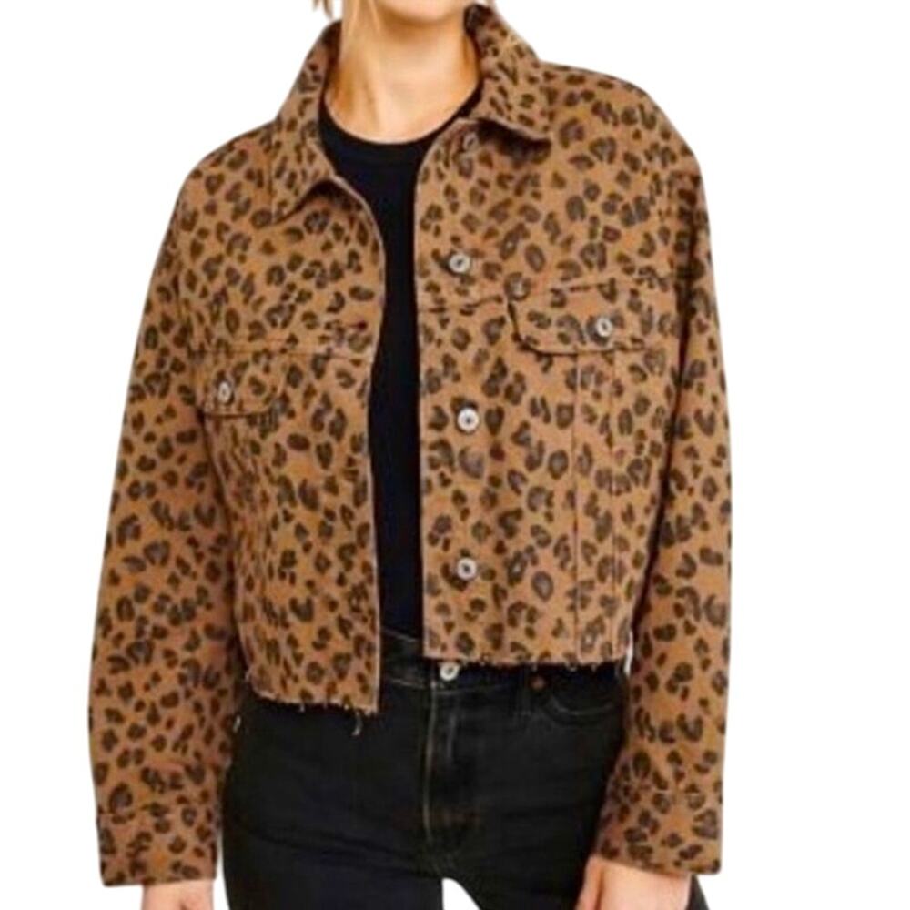 Abercrombie & Fitch Leopard Print Cropped Raw Edge Denim Jacket Size XS